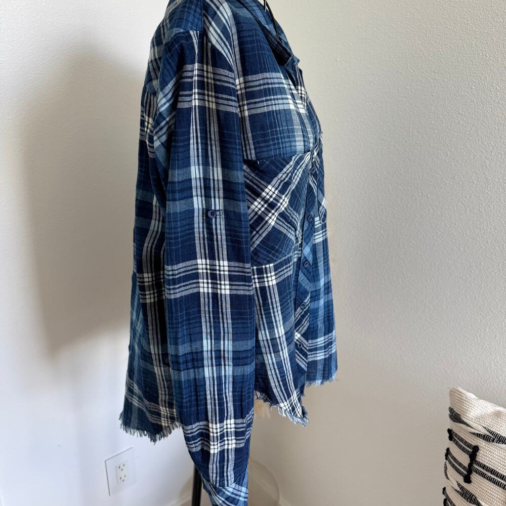 Bella Dahl Blue Western Plaid Frayed Hem Button-Down Top Size Small - Picture 2 of 10